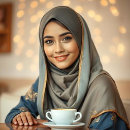 A close-up portrait of a young beautiful woman with an alluring smile, sitting at a cozy café