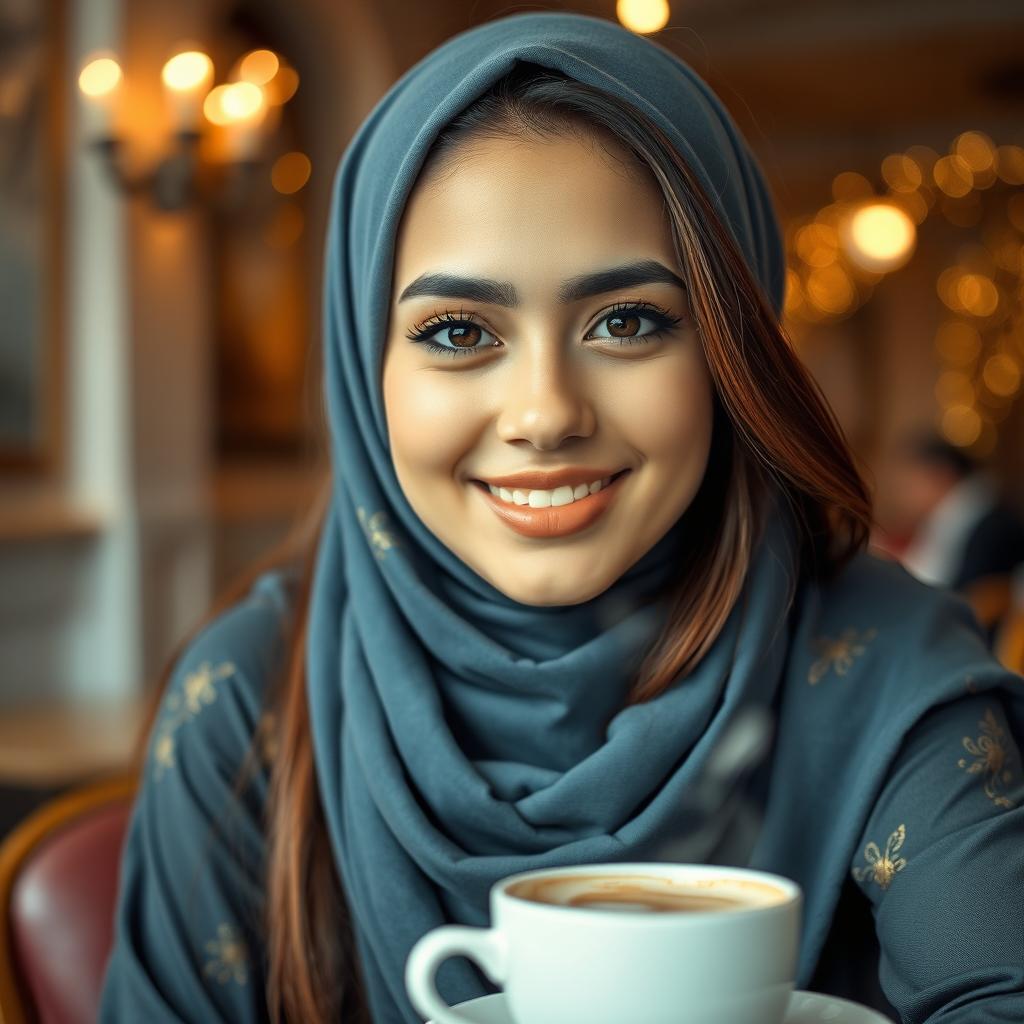 A close-up portrait of a young beautiful woman with an alluring smile, sitting at a cozy café