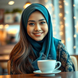A close-up portrait of a young beautiful woman with an alluring smile, sitting at a cozy café