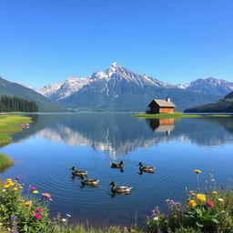 A serene landscape featuring a tranquil lake surrounded by majestic mountains under a clear blue sky