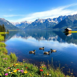 A serene landscape featuring a tranquil lake surrounded by majestic mountains under a clear blue sky