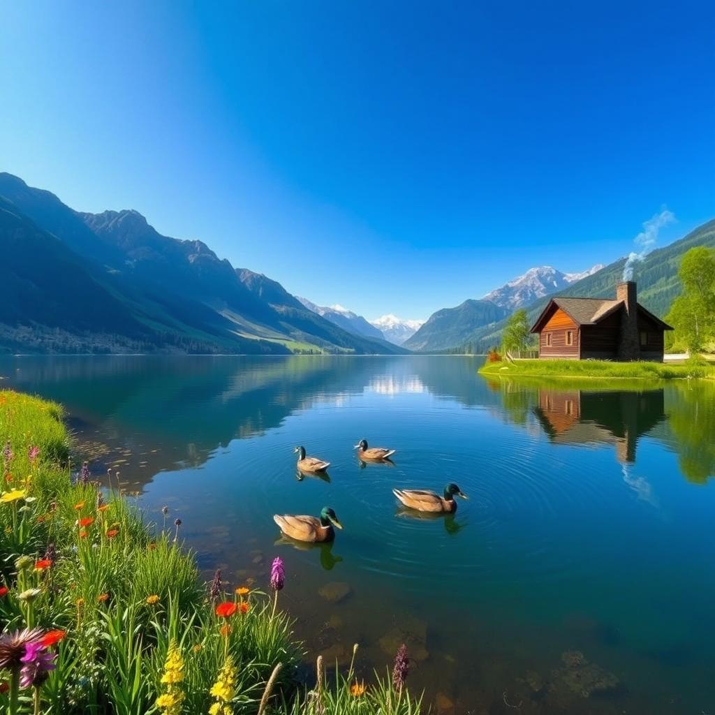 A serene landscape featuring a tranquil lake surrounded by majestic mountains under a clear blue sky