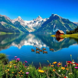 A serene landscape featuring a tranquil lake surrounded by majestic mountains under a clear blue sky