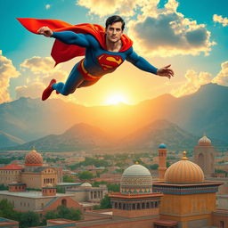 Superman depicted in an Iranian landscape, soaring above a vibrant Persian city with traditional architecture, featuring intricate tilework and domed roofs