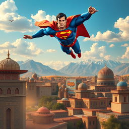 Superman depicted in an Iranian landscape, soaring above a vibrant Persian city with traditional architecture, featuring intricate tilework and domed roofs