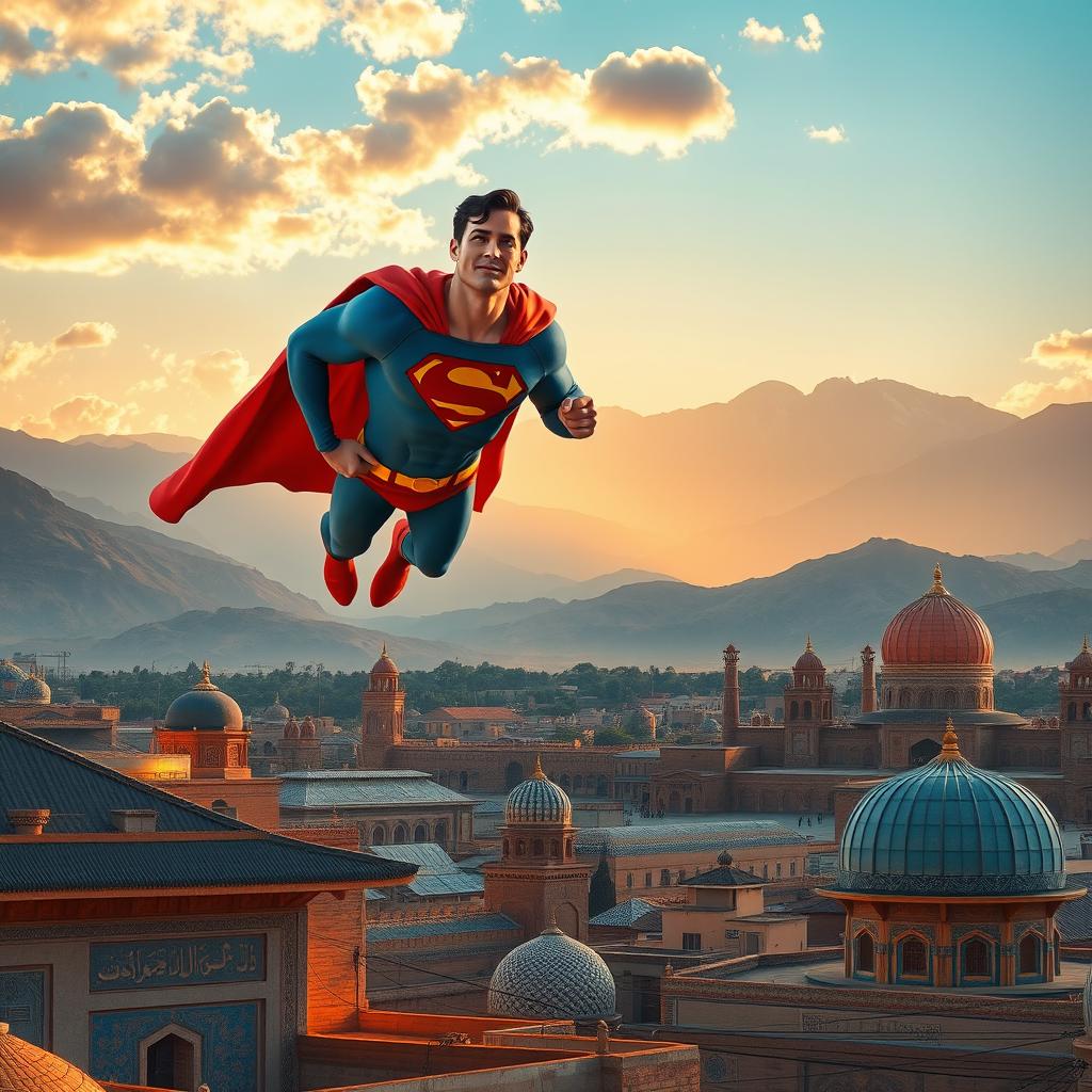 Superman depicted in an Iranian landscape, soaring above a vibrant Persian city with traditional architecture, featuring intricate tilework and domed roofs