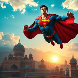 Superman depicted in an Iranian landscape, soaring above a vibrant Persian city with traditional architecture, featuring intricate tilework and domed roofs