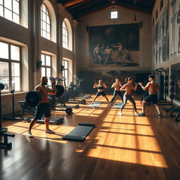 An inspiring fitness scene in an Illyrian gym, featuring an ancient-style architecture blended with modern gym equipment