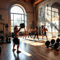 An inspiring fitness scene in an Illyrian gym, featuring an ancient-style architecture blended with modern gym equipment