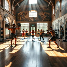 An inspiring fitness scene in an Illyrian gym, featuring an ancient-style architecture blended with modern gym equipment