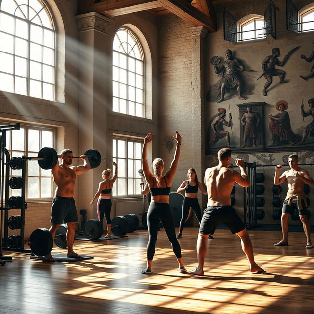 An inspiring fitness scene in an Illyrian gym, featuring an ancient-style architecture blended with modern gym equipment