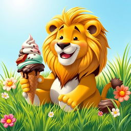 A whimsical scene depicting a majestic lion sitting comfortably on a sunny day, happily enjoying a large ice cream cone