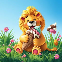 A whimsical scene depicting a majestic lion sitting comfortably on a sunny day, happily enjoying a large ice cream cone