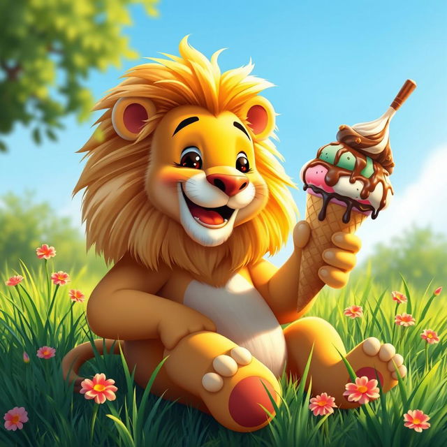 A whimsical scene depicting a majestic lion sitting comfortably on a sunny day, happily enjoying a large ice cream cone