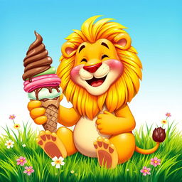 A whimsical scene depicting a majestic lion sitting comfortably on a sunny day, happily enjoying a large ice cream cone