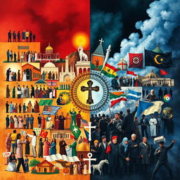A visually striking collage that showcases the positive and negative effects of religion