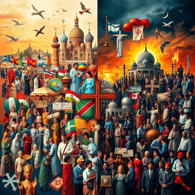 A visually striking collage that showcases the positive and negative effects of religion