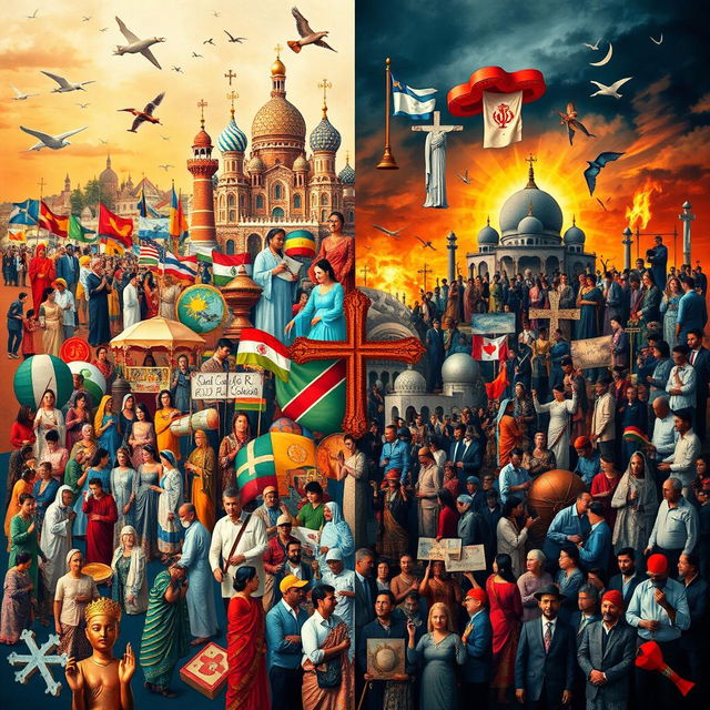 A visually striking collage that showcases the positive and negative effects of religion