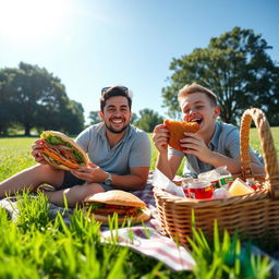 A cozy picnic scene featuring two friends, Sullivan and Bo, enjoying delicious sandwiches and crispy fried chicken