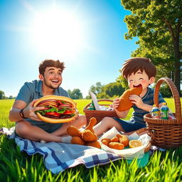 A cozy picnic scene featuring two friends, Sullivan and Bo, enjoying delicious sandwiches and crispy fried chicken