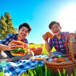A cozy picnic scene featuring two friends, Sullivan and Bo, enjoying delicious sandwiches and crispy fried chicken