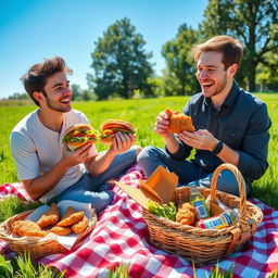 A cozy picnic scene featuring two friends, Sullivan and Bo, enjoying delicious sandwiches and crispy fried chicken