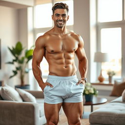 A handsome young male figure with athletic build, wearing only a pair of boxer shorts, posing confidently in a modern, stylish apartment setting