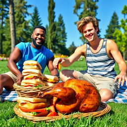 A lively picnic scene featuring two friends, Sullivan and Bo, enjoying a sunny afternoon in a green park