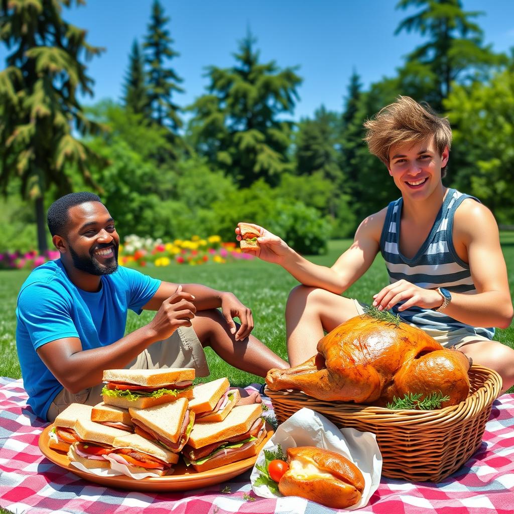 A lively picnic scene featuring two friends, Sullivan and Bo, enjoying a sunny afternoon in a green park