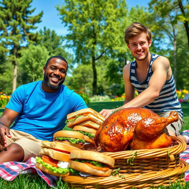 A lively picnic scene featuring two friends, Sullivan and Bo, enjoying a sunny afternoon in a green park