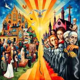 A detailed collage depicting the positive and negative effects of religion