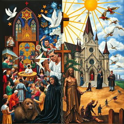 A detailed collage depicting the positive and negative effects of religion