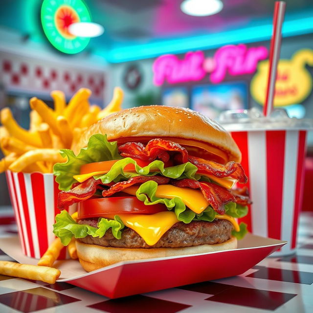 A vibrant and appetizing fast food scene featuring a tempting array of items such as a burger stacked with fresh lettuce, juicy tomato, melted cheese, and crispy bacon, accompanied by golden, crispy french fries in a red and white striped container