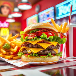 A vibrant and appetizing fast food scene featuring a tempting array of items such as a burger stacked with fresh lettuce, juicy tomato, melted cheese, and crispy bacon, accompanied by golden, crispy french fries in a red and white striped container