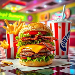 A vibrant and appetizing fast food scene featuring a tempting array of items such as a burger stacked with fresh lettuce, juicy tomato, melted cheese, and crispy bacon, accompanied by golden, crispy french fries in a red and white striped container