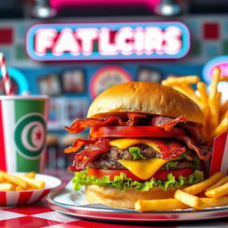 A vibrant and appetizing fast food scene featuring a tempting array of items such as a burger stacked with fresh lettuce, juicy tomato, melted cheese, and crispy bacon, accompanied by golden, crispy french fries in a red and white striped container