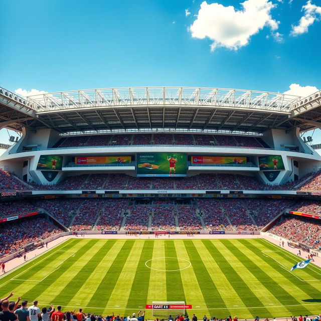 A luxurious stadium, featuring an intricate design with a grand entrance, stylish seating arrangement, and a vibrant grass field