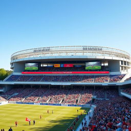 A luxurious stadium, featuring an intricate design with a grand entrance, stylish seating arrangement, and a vibrant grass field