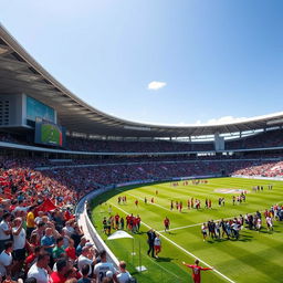 A luxurious stadium, featuring an intricate design with a grand entrance, stylish seating arrangement, and a vibrant grass field