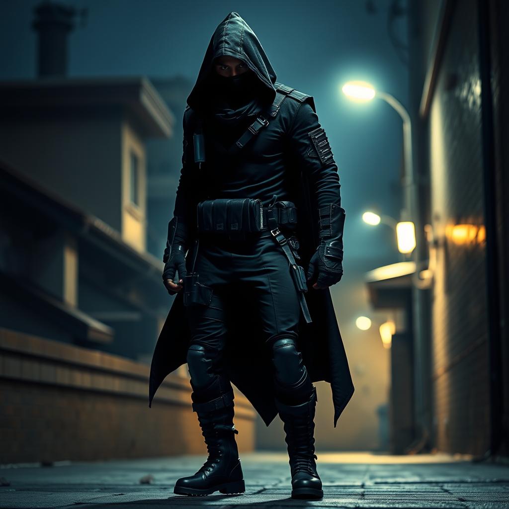 A mysterious assassin dressed in sleek, form-fitting assassin clothing, designed for stealth and agility