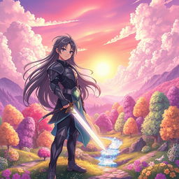 Anime-style illustration of a vibrant fantasy landscape featuring a magical forest with luminous, colorful trees and sparkling streams