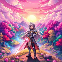 Anime-style illustration of a vibrant fantasy landscape featuring a magical forest with luminous, colorful trees and sparkling streams