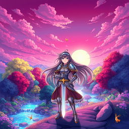 Anime-style illustration of a vibrant fantasy landscape featuring a magical forest with luminous, colorful trees and sparkling streams