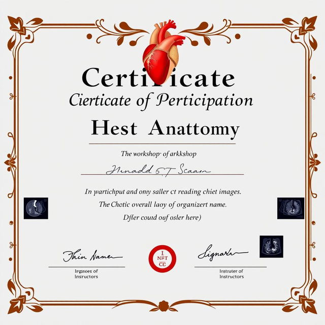 A Certificate of Participation design showcasing a workshop on chest anatomy and reading CT scan images