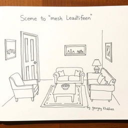 A hand-drawn sketch of the Achrafieh house scene from the play 'Mesh Makhtaleen' by George Khabbaz