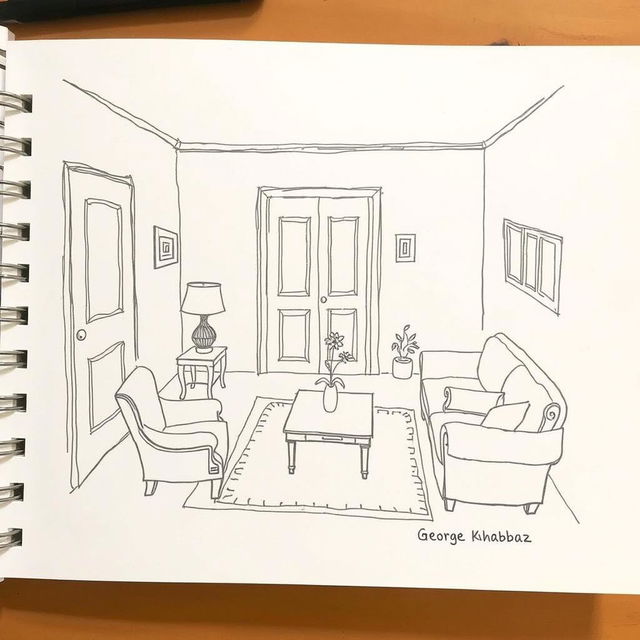 A hand-drawn sketch of the Achrafieh house scene from the play 'Mesh Makhtaleen' by George Khabbaz