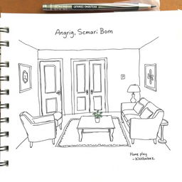 A hand-drawn sketch of the Achrafieh house scene from the play 'Mesh Makhtaleen' by George Khabbaz
