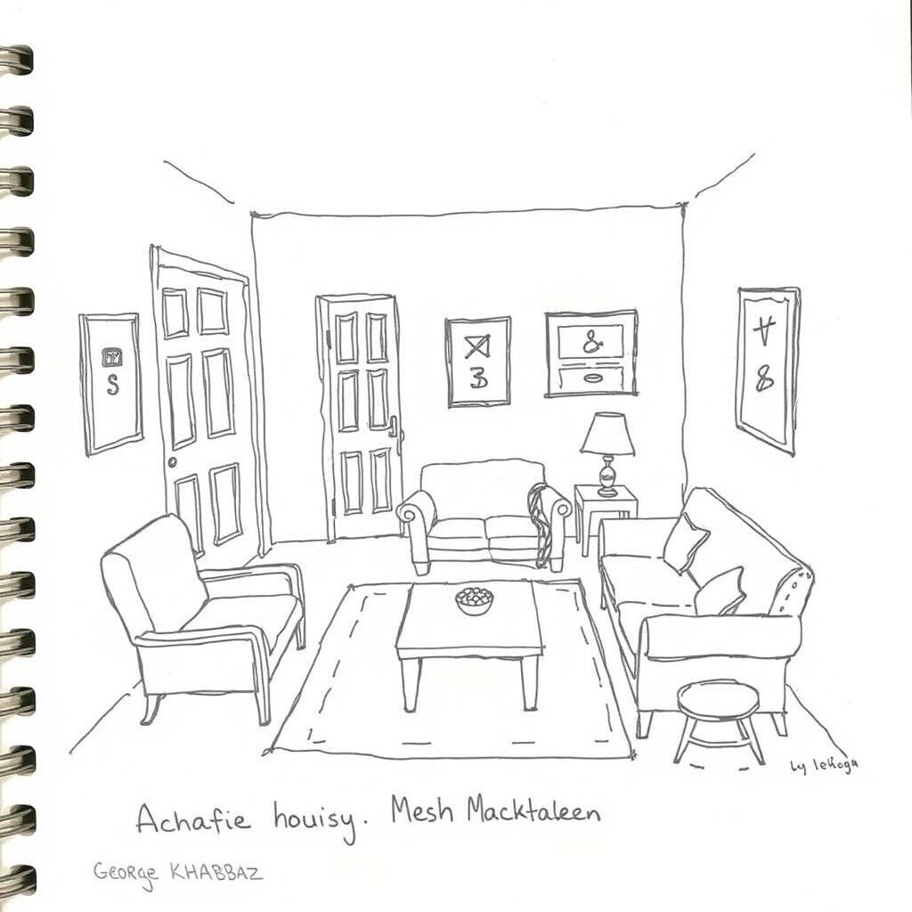 A hand-drawn sketch of the Achrafieh house scene from the play 'Mesh Makhtaleen' by George Khabbaz