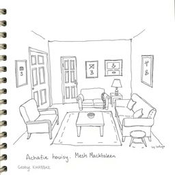 A hand-drawn sketch of the Achrafieh house scene from the play 'Mesh Makhtaleen' by George Khabbaz