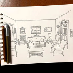 A hand-drawn sketch capturing the Achrafieh house scene from the play 'Mesh Makhtaleen' by George Khabbaz, showcasing all the specific elements as seen in the play